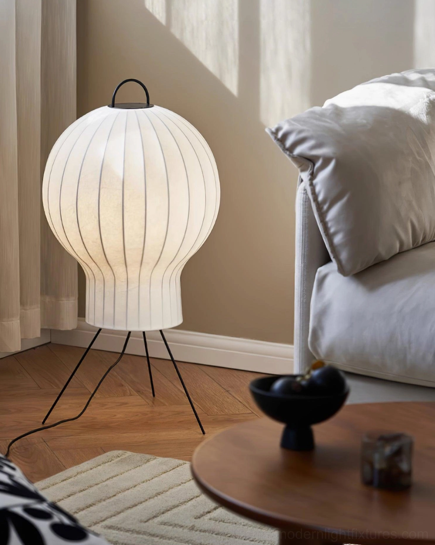 Ribbed silk shade floor lamp rear view in minimalist bedroom with wall art