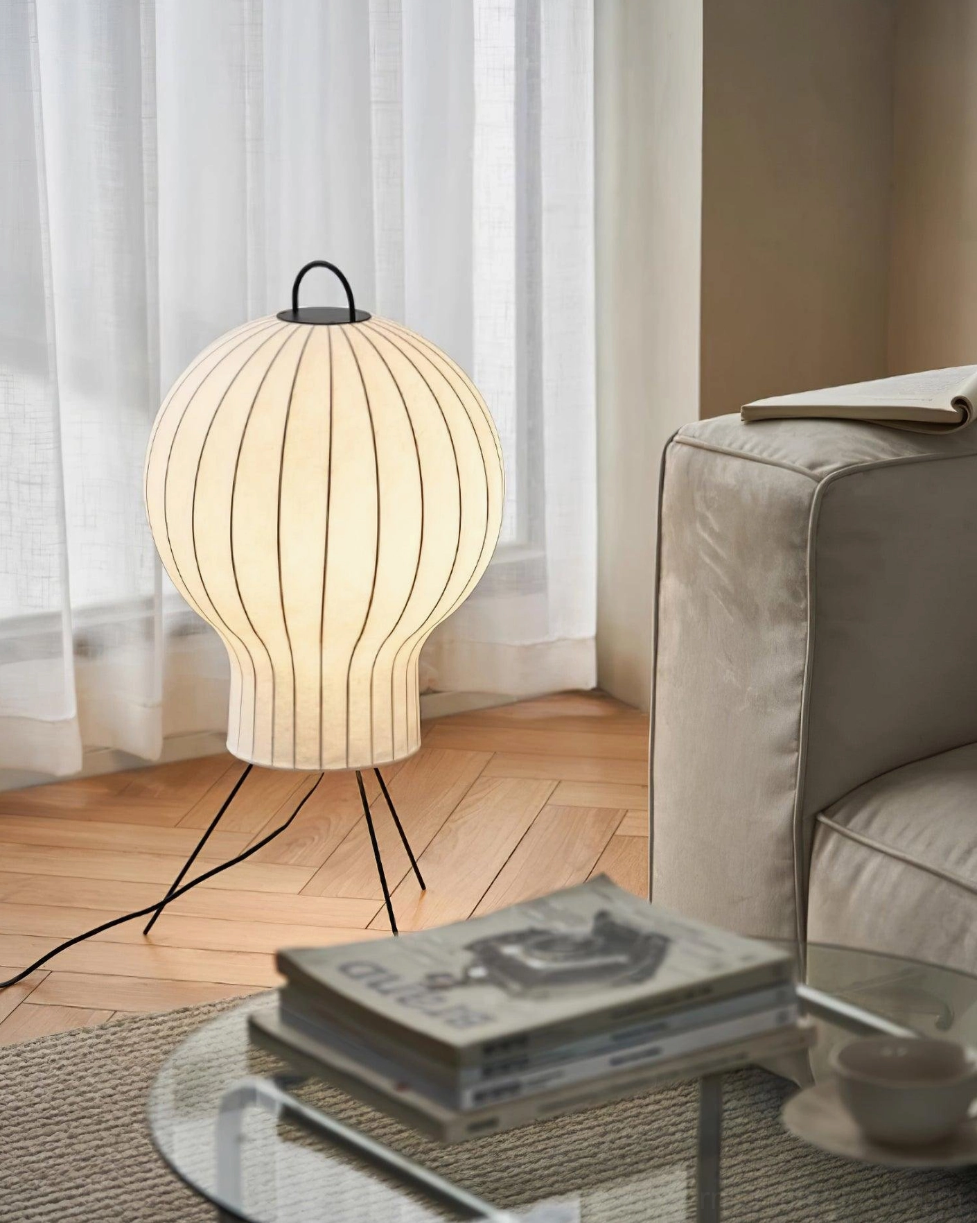 Ribbed silk shade floor lamp in bedroom reading nook design solution