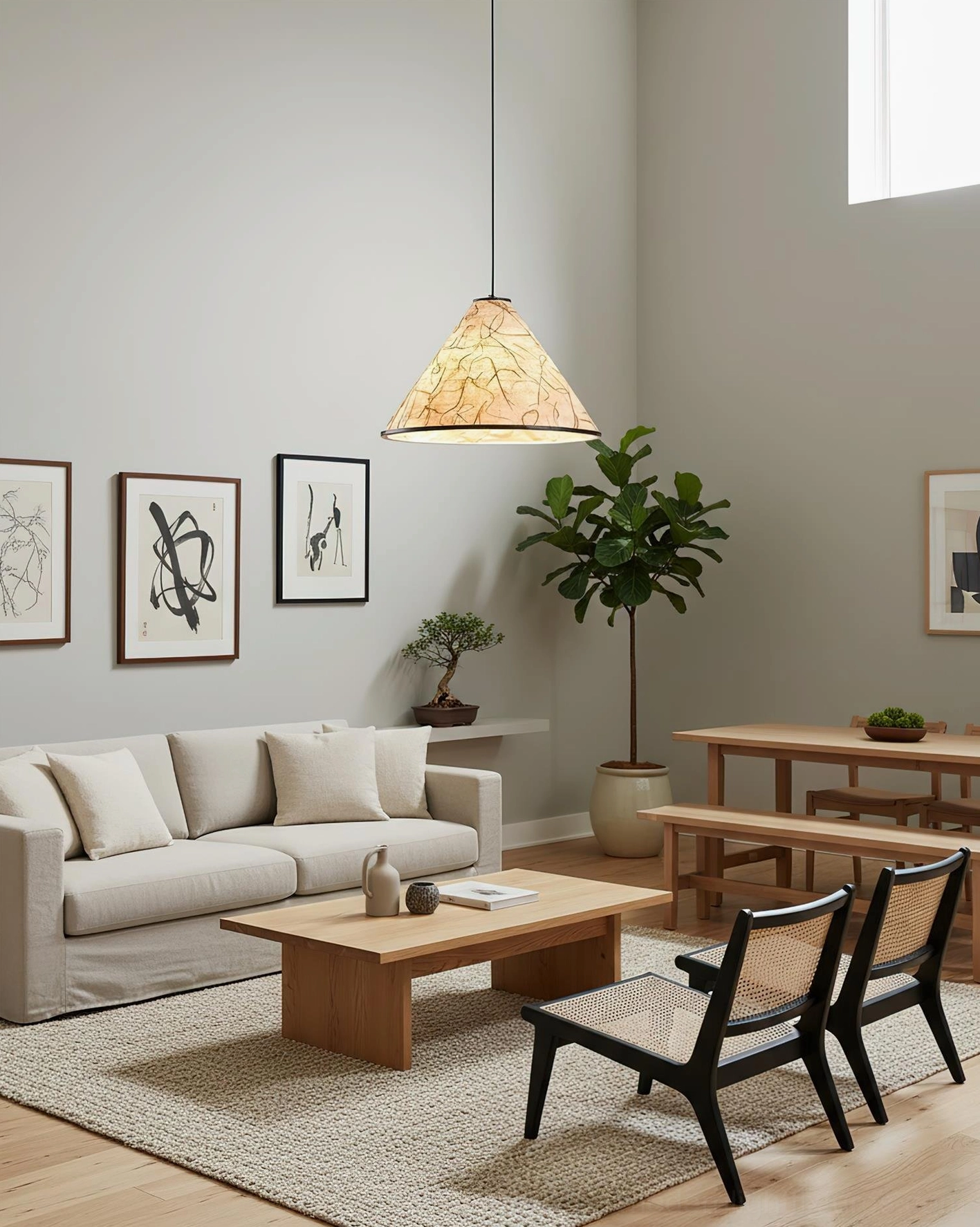 Handcrafted rice paper pendant light in open-plan living dining space with neutral natural home decor