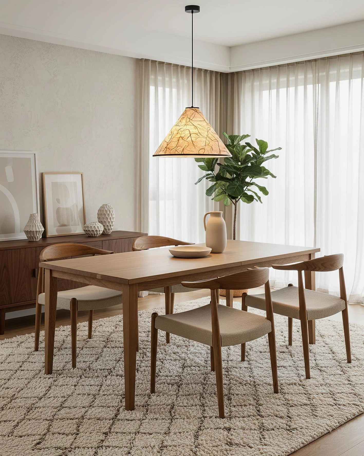 Handcrafted rice paper cone pendant lamp showing fiber texture detail and black metal frame connection