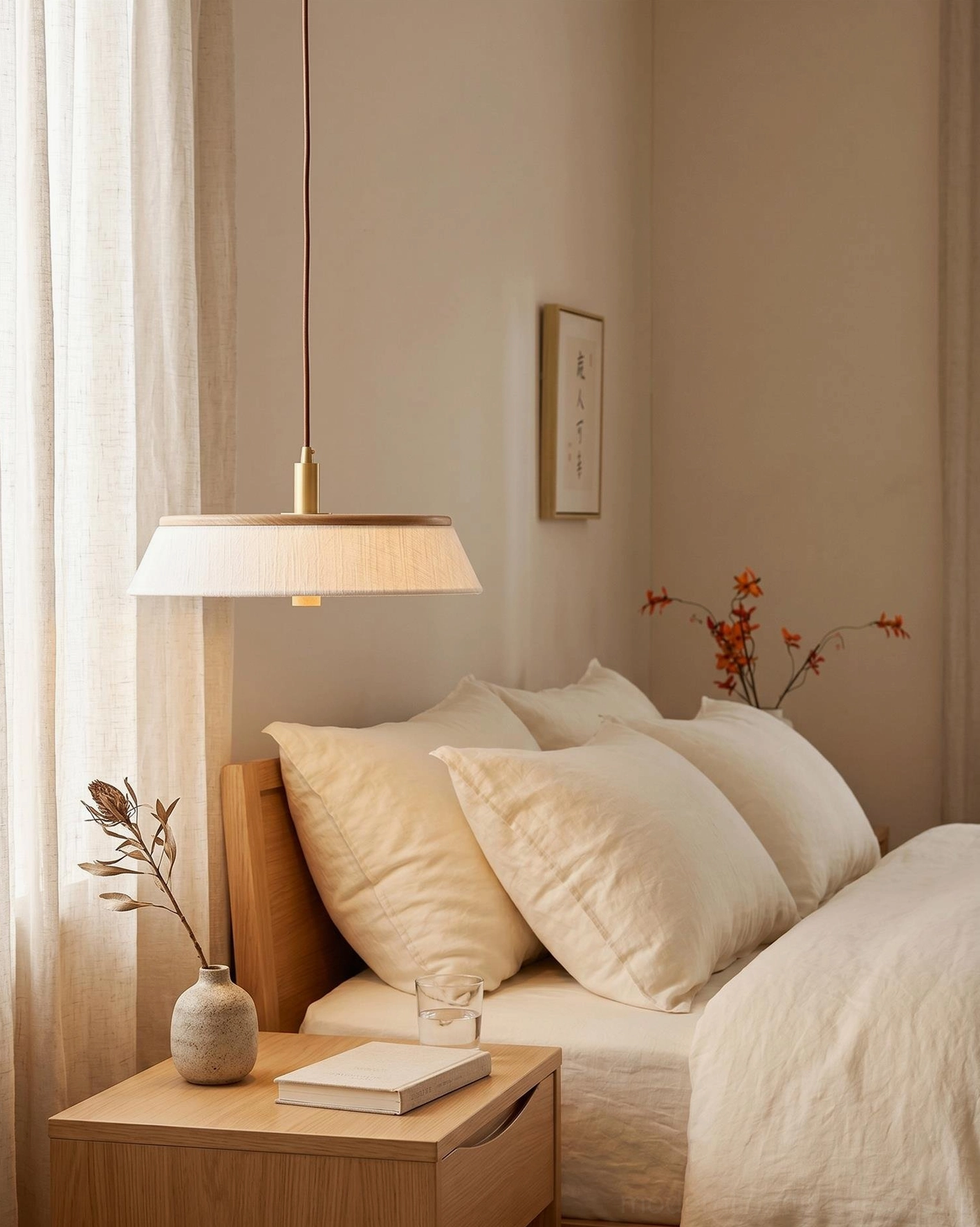 Bedside pendant light with rice paper shade in bedroom with linen bedding and warm neutral palette, cozy wabi-sabi style