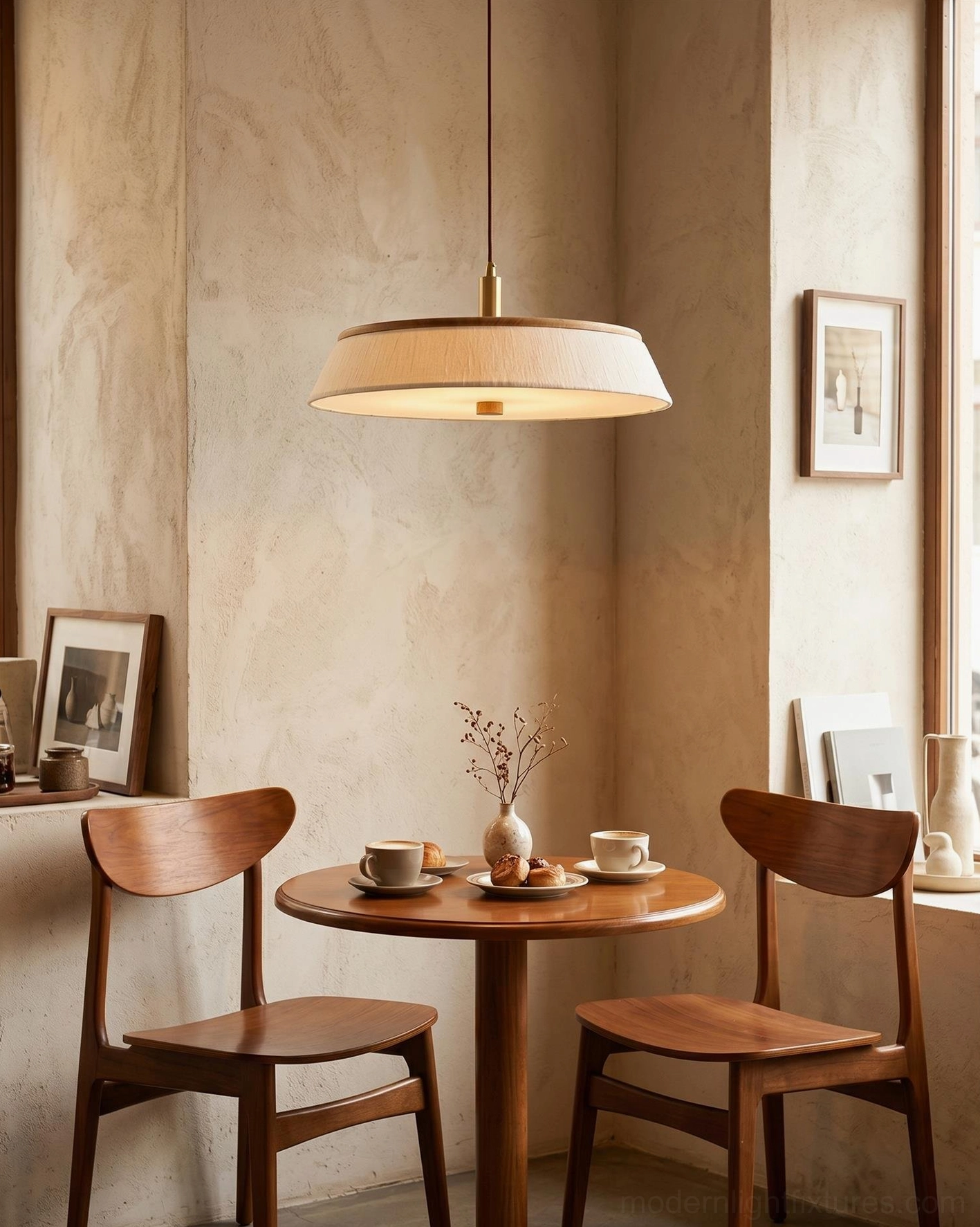 Modern rice paper pendant light hanging above wooden dining table in minimalist wabi-sabi dining nook, warm oak tones and natural materials