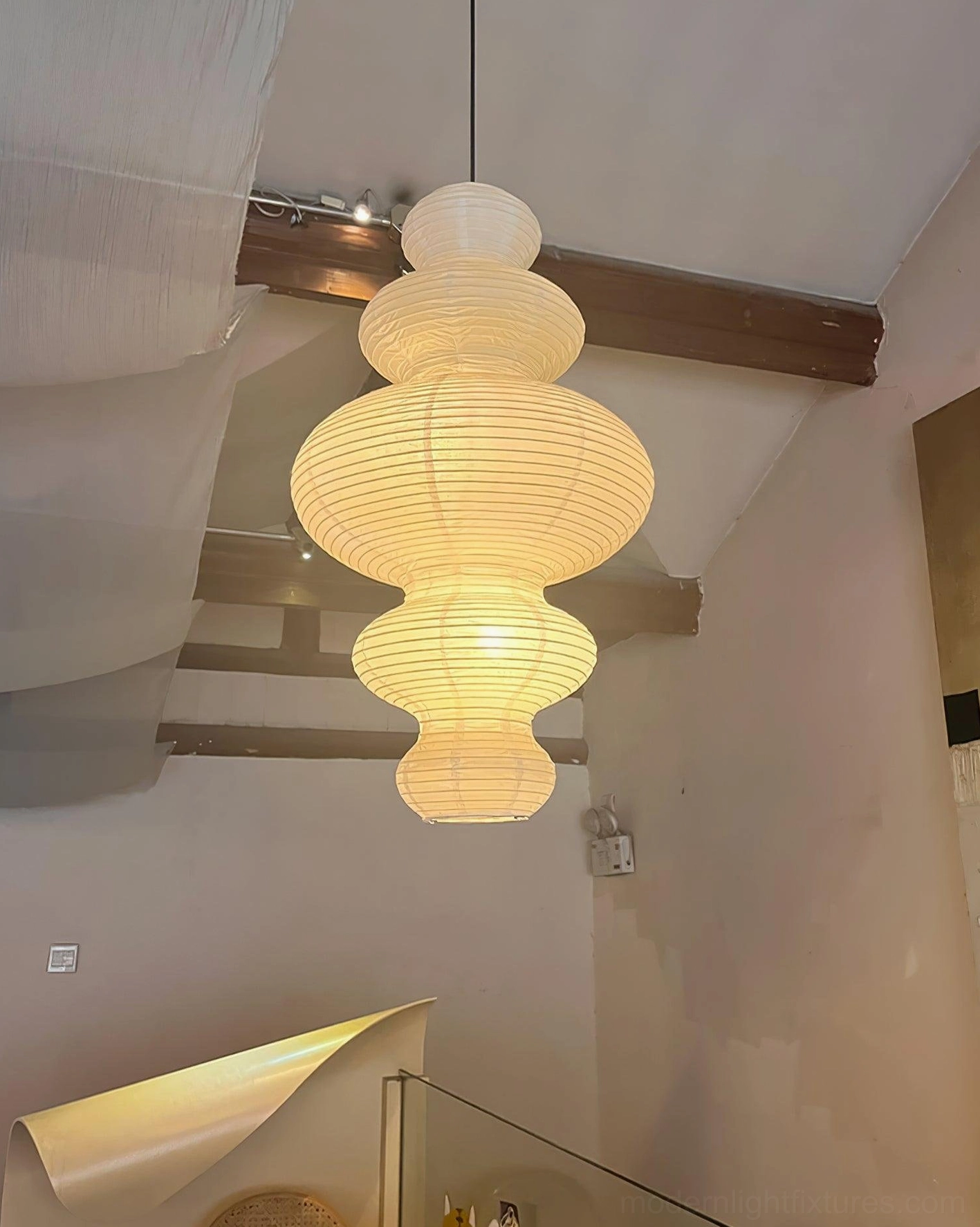 Modern rice paper pendant light showing IP20 indoor rating and international safety certifications