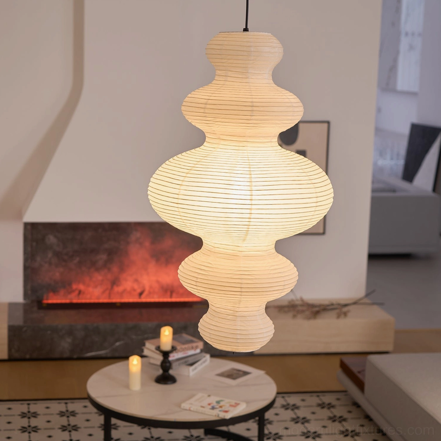 Hand-crafted white rice paper pendant light with natural material harmony in contemporary home