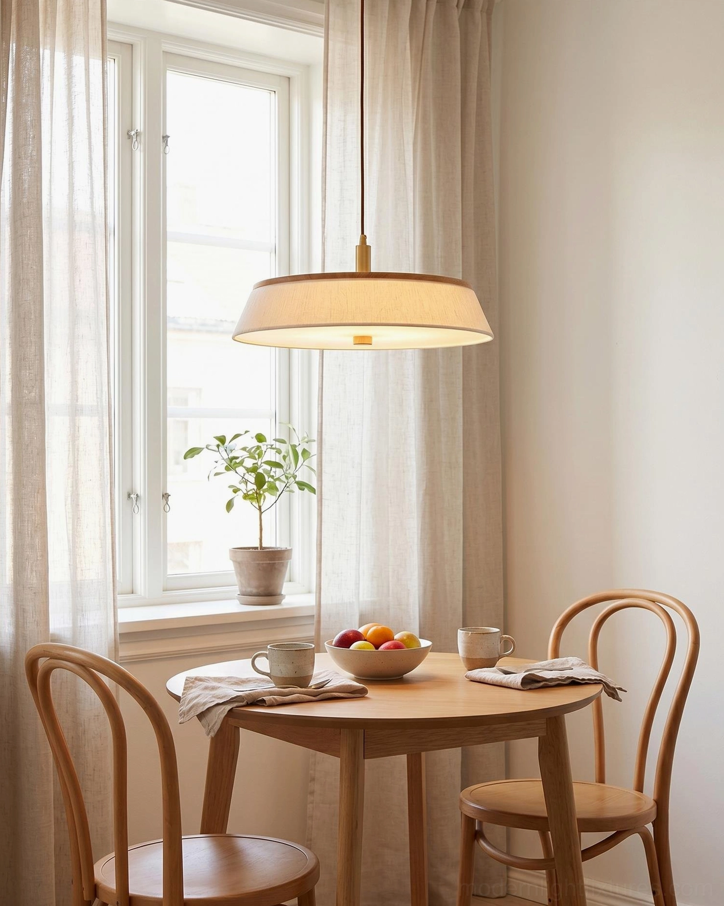 Low-profile rice paper shade pendant in small dining area by window, round wooden table with potted plant, warm beige interior
