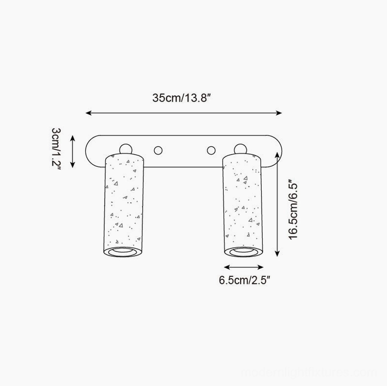 Ricerca 2-head travertine wall sconce technical drawing with dimension specifications in centimeters and inches