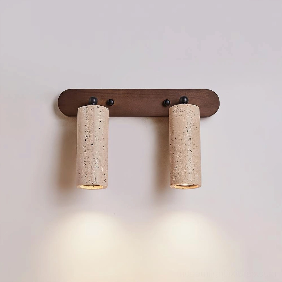 Ricerca 2-head travertine wall sconce in walnut and beige finish installed in contemporary bathroom space