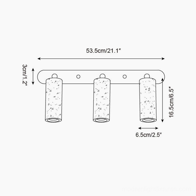 Ricerca 3-head travertine wall sconce technical drawing showing measurements and spacing in metric and imperial units