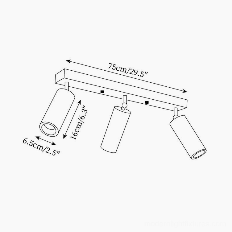 Ricerca 75cm 3-head track light technical dimension drawing with adjustable cylindrical lamp heads and clear size specifications