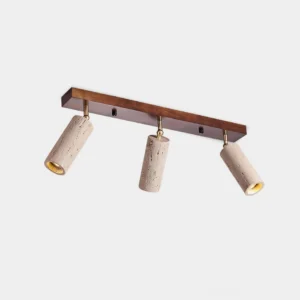 Ricerca 3-head adjustable track ceiling light with dark wood frame and travertine cylindrical shades, front studio view