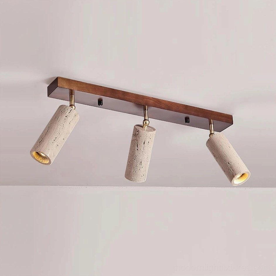 Ricerca 3-head track ceiling light with walnut color wood frame and beige travertine shades in residential space