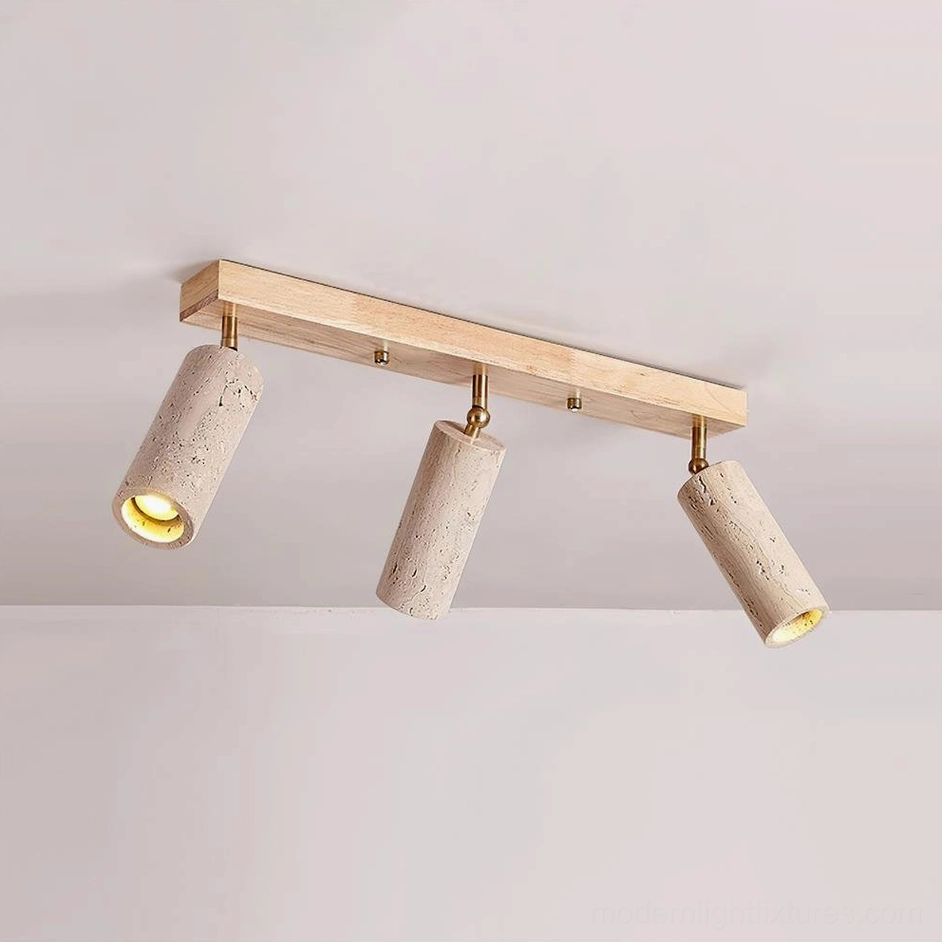 Ricerca 3-head track light with wood color frame in contemporary kitchen ceiling installation
