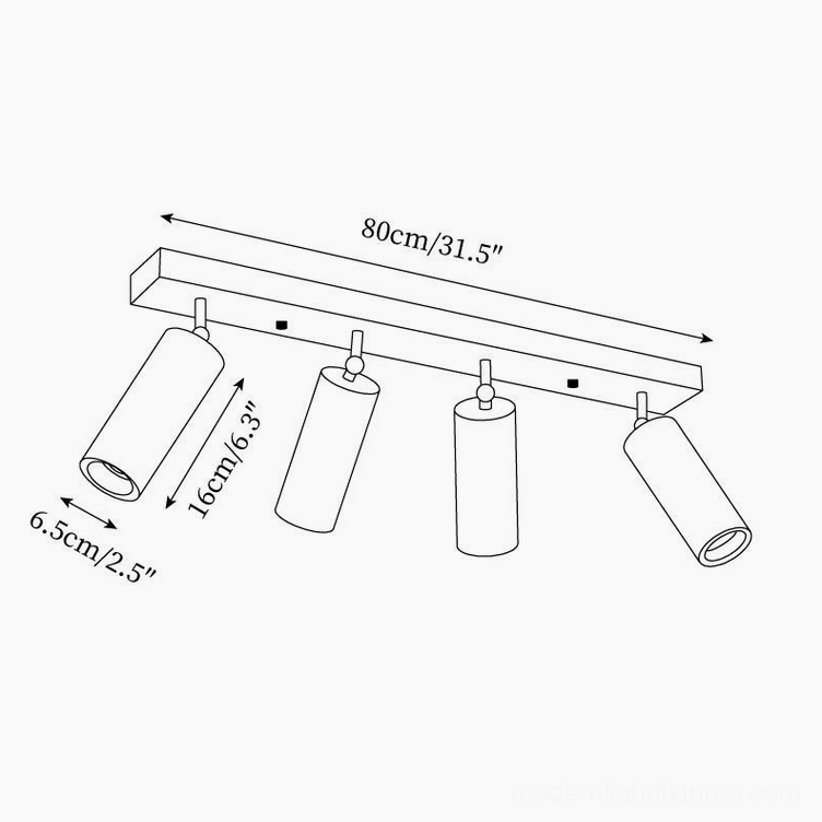 Ricerca 80cm 4-head track light technical orthographic drawing showing adjustable heads and precise dimensional measurements