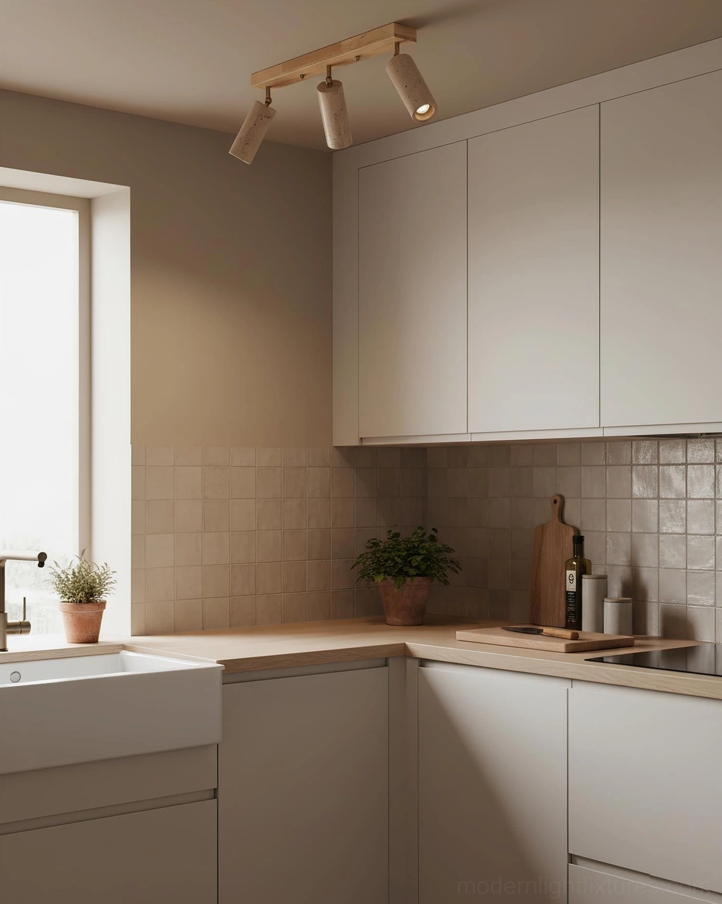 Ricerca 4-head track ceiling light detailed product shot highlighting travertine cylinders and wood construction quality