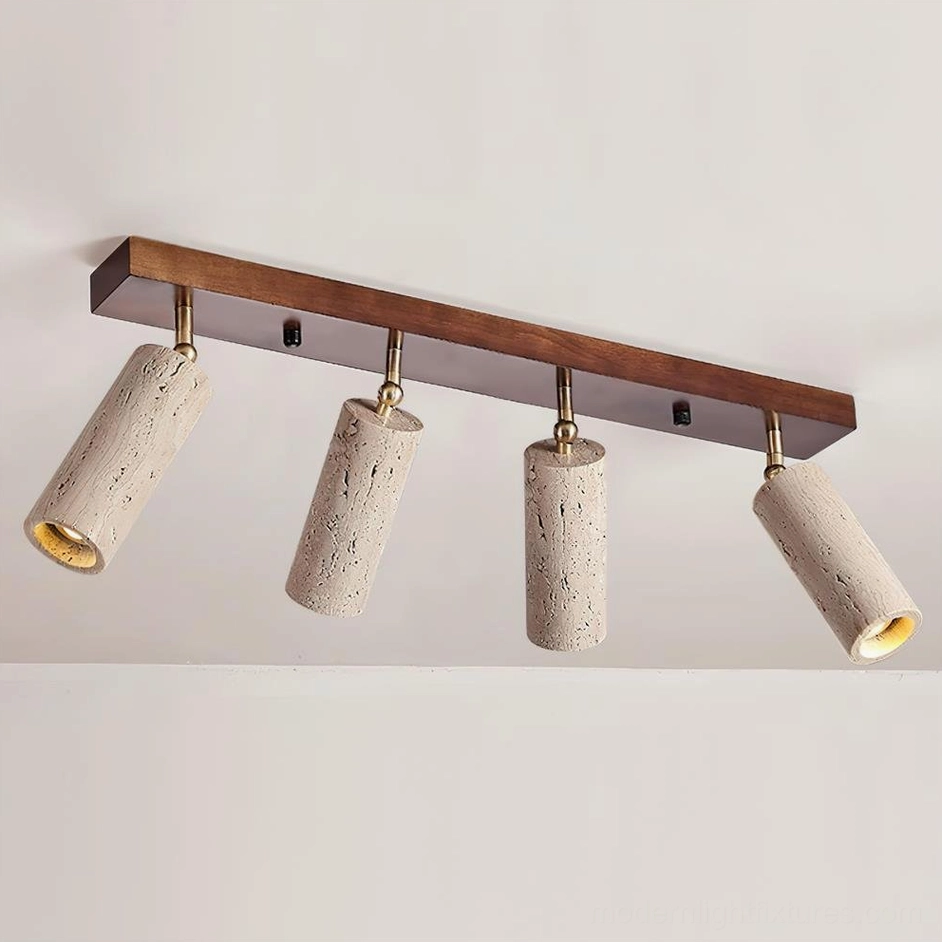 Ricerca 4-head track ceiling light with walnut color wood frame and beige travertine shades in contemporary interior