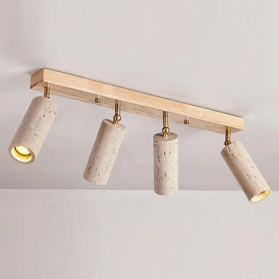 Ricerca 4-head track ceiling light with wood color frame and beige travertine cylindrical shades