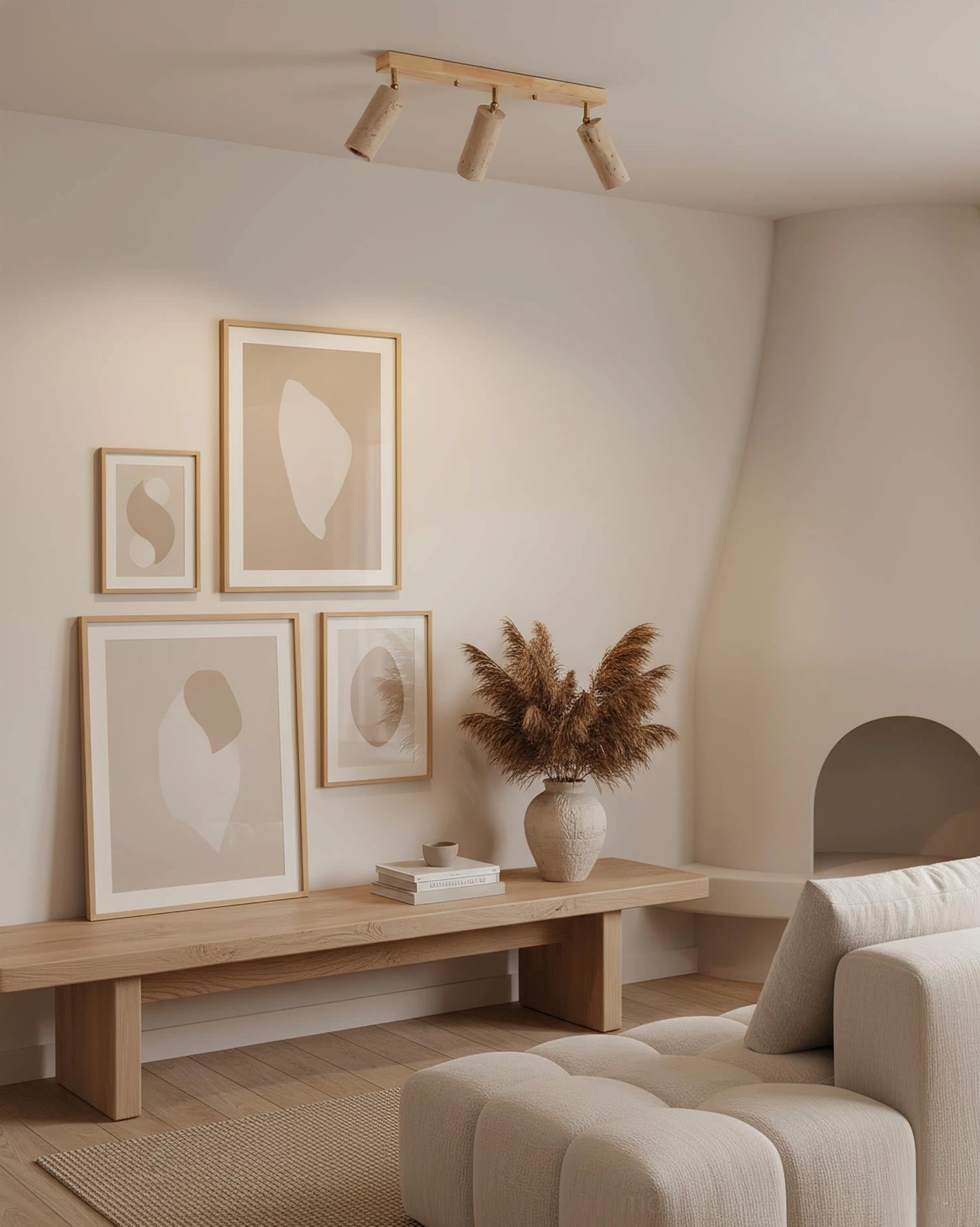 Ricerca track light ceiling fixture in warm home setting showing ambient lighting effect with natural materials