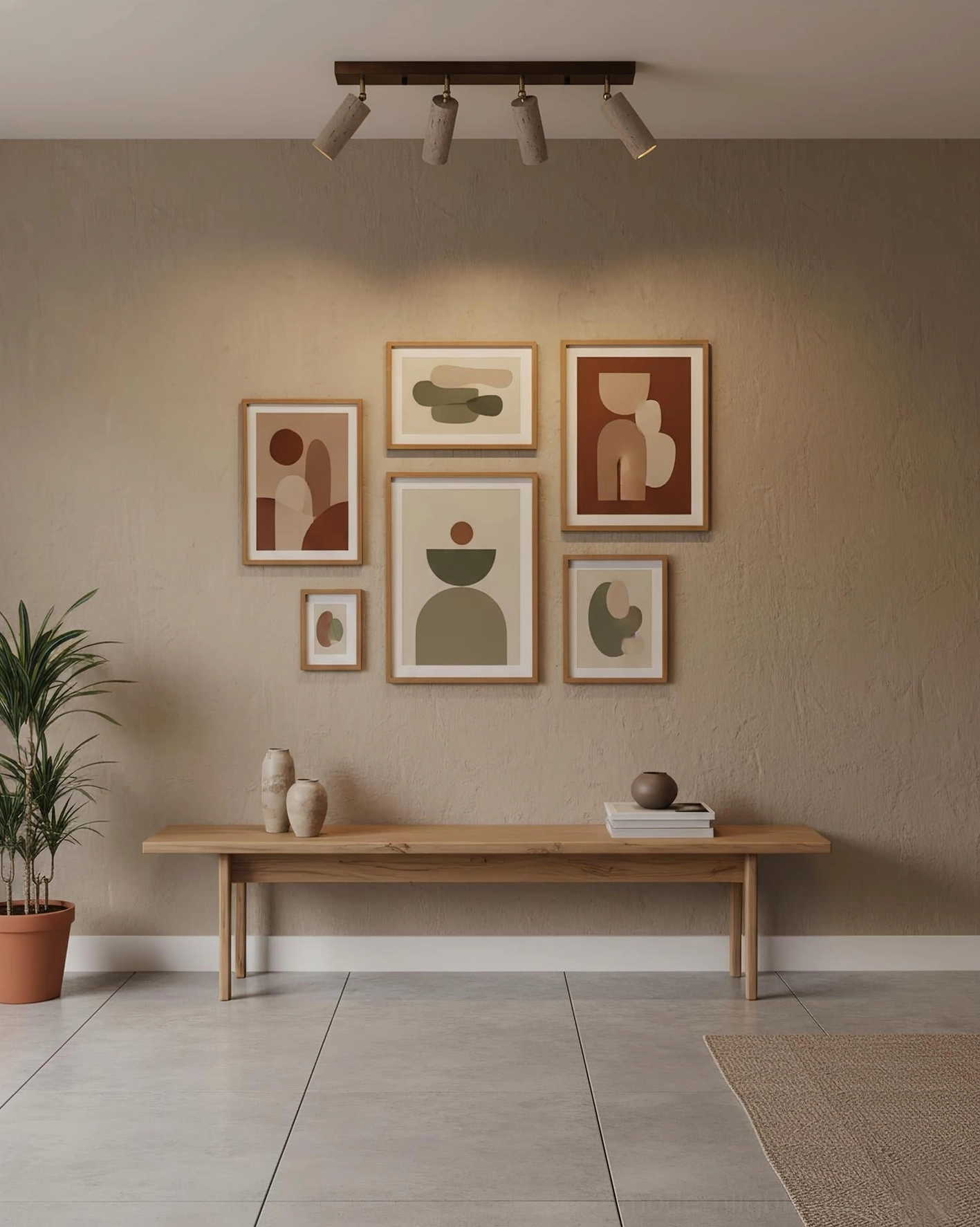 Modern art gallery room with Ricerca 4-head track ceiling light, light wood rail and slim cylinder travertine shades for gallery illumination