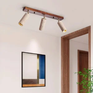 Modern hallway with Ricerca 3-head track ceiling light illuminating entryway, warm ambient lighting with wood mounting base