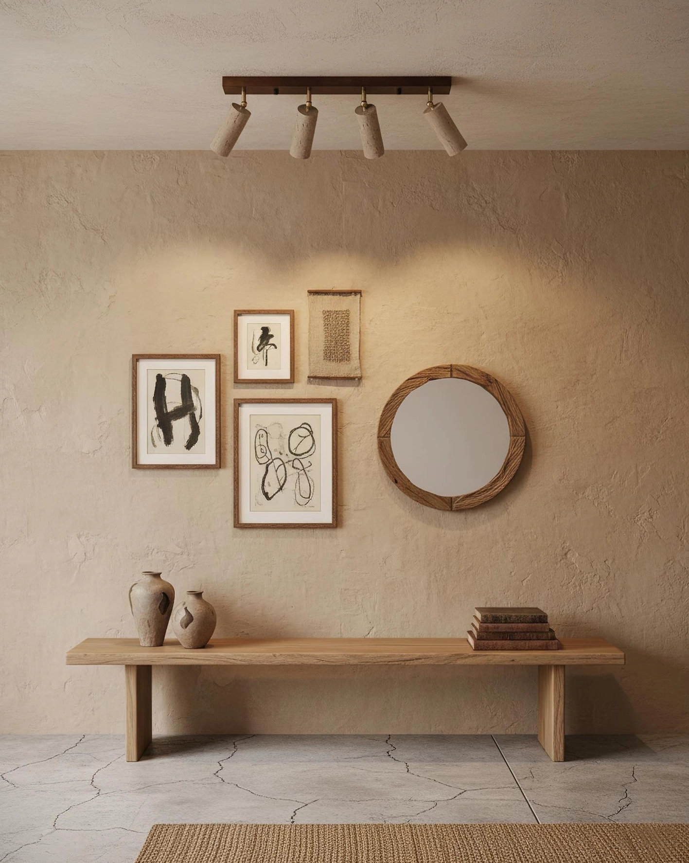 Minimalist wabi-sabi lounge with Ricerca 4-head track light, dark wood rail and simple cylindrical travertine shades