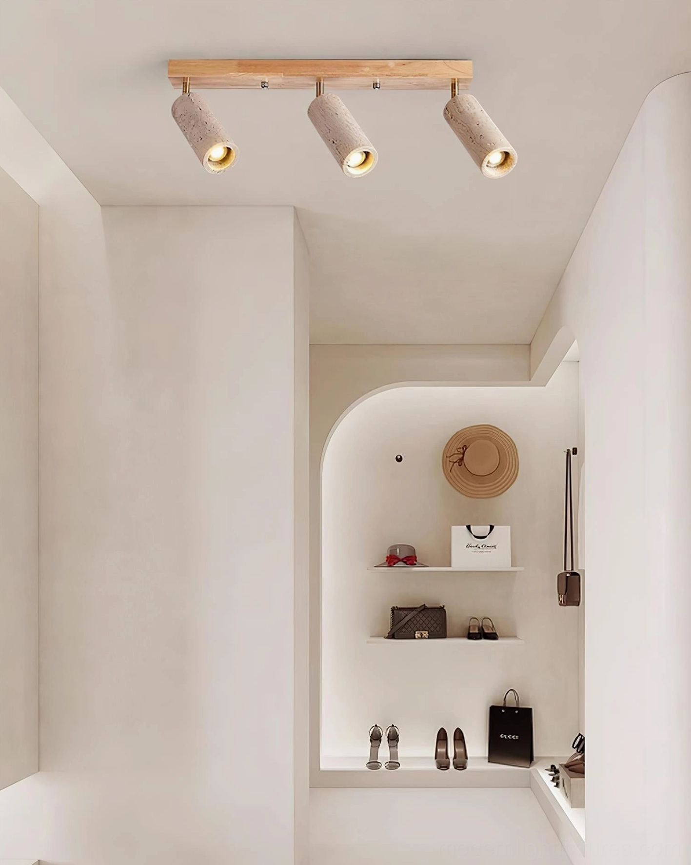 Ricerca track light with natural wood frame and light travertine shades in minimalist Scandinavian interior