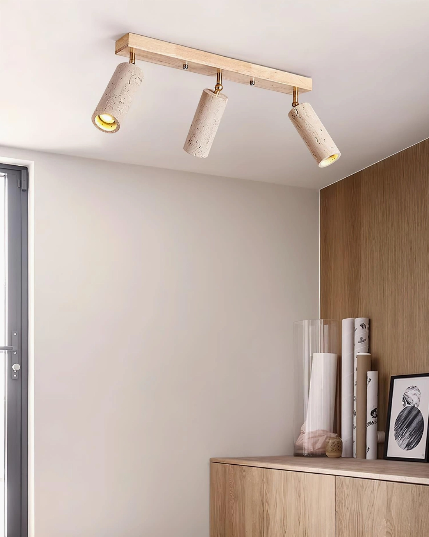 Ricerca track ceiling light fixture with walnut color wood frame and beige travertine shade combination
