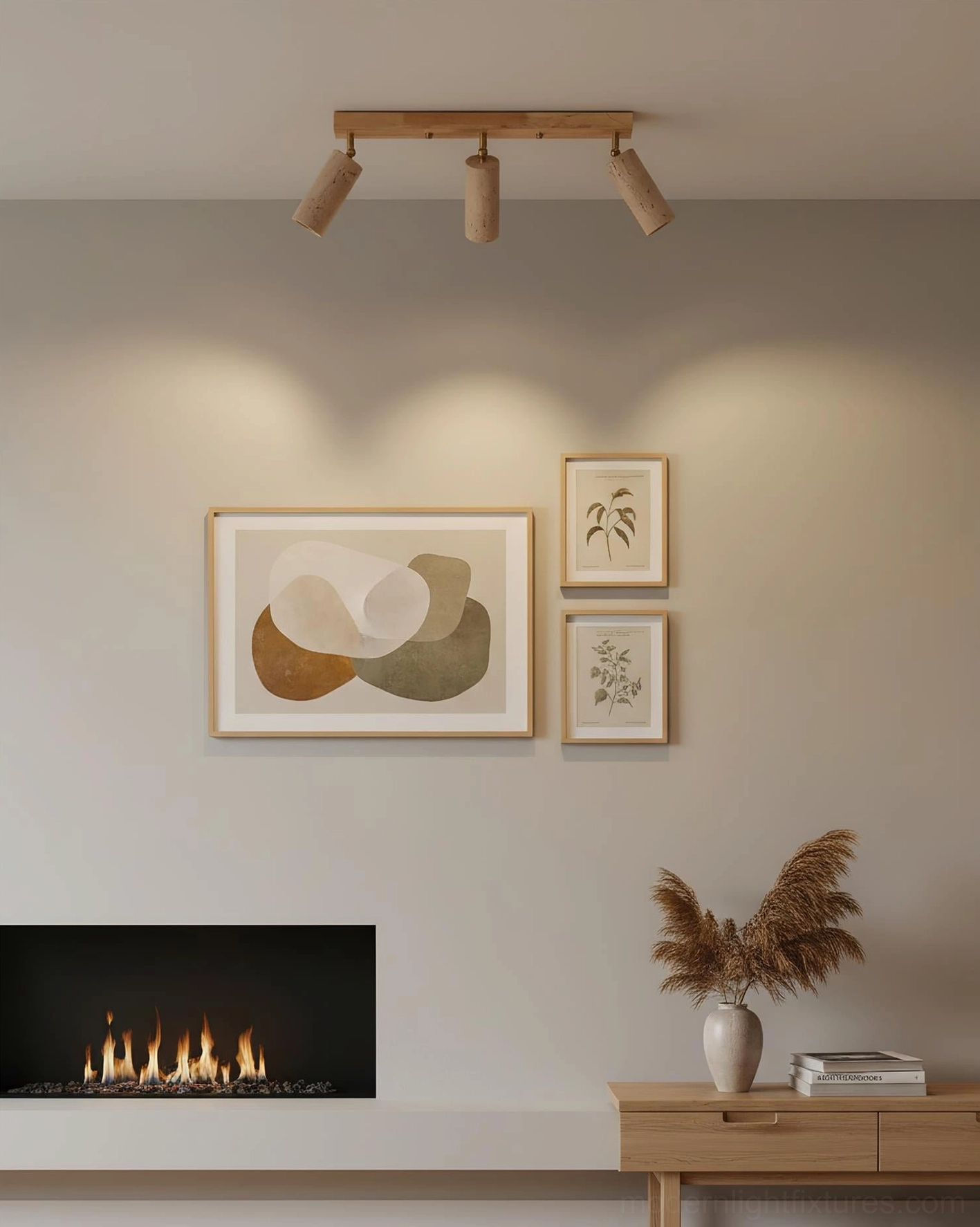 Ricerca track light mounted on ceiling displaying wood frame construction and brass hardware accents