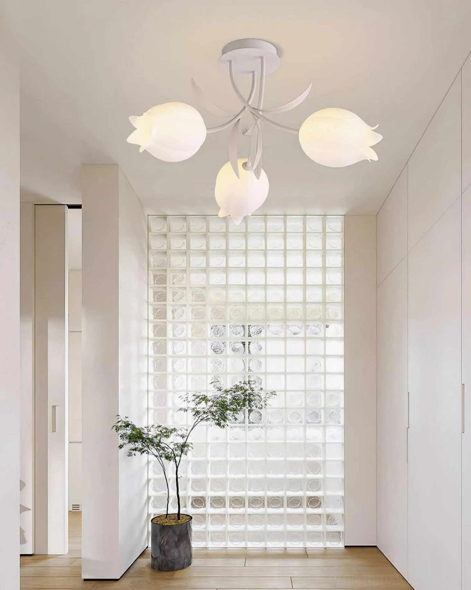 Ricko 12-head large ceiling light fixture in open-plan space - expansive hand-cut lily shade design