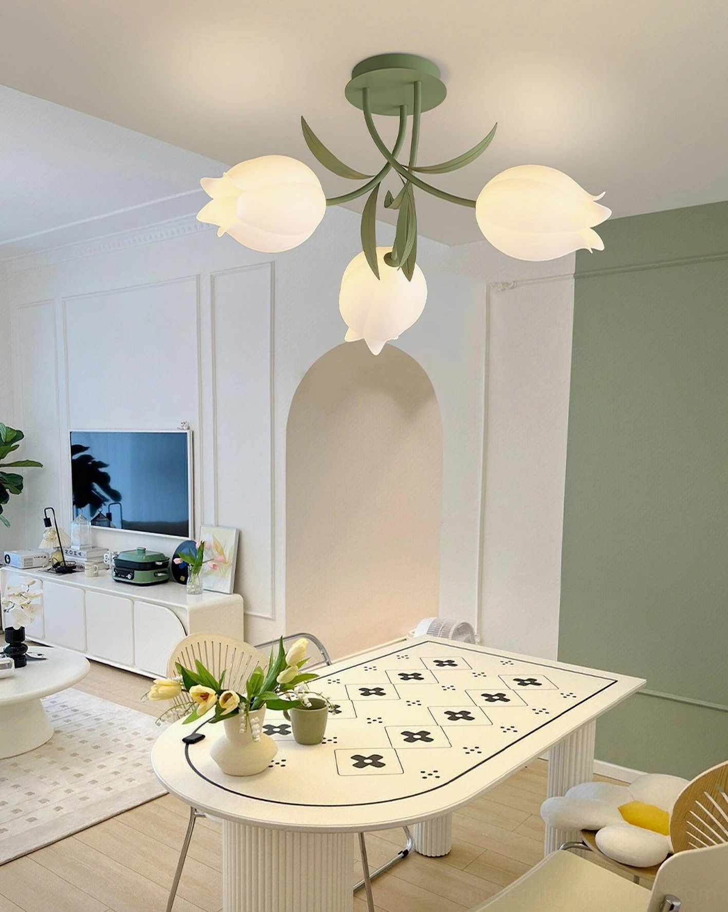 Ricko 3-head lily ceiling light in compact modern dining space - sage green framework with acrylic shades