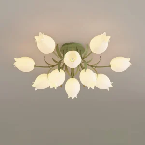 Ricko 3-head ceiling light fixture front view with sage green metal canopy and sculptural acrylic shades