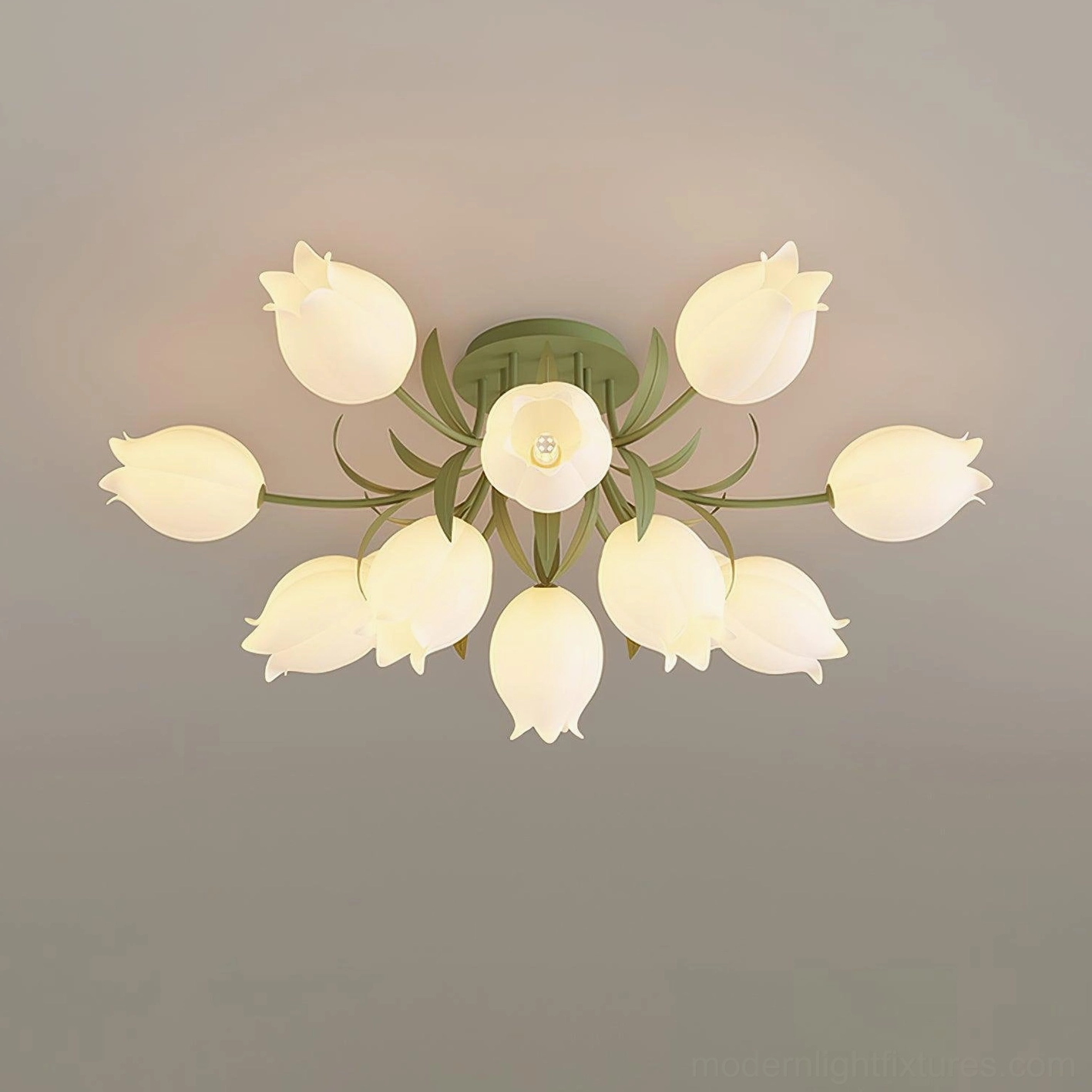 Ricko 3-head ceiling light fixture front view with sage green metal canopy and sculptural acrylic shades