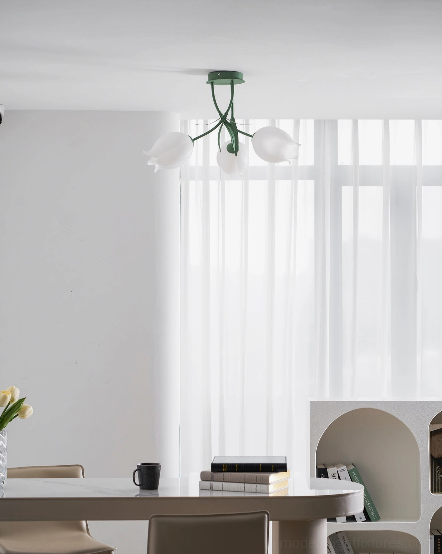 Ricko 3-head lily ceiling light scale comparison in residential room - proportional fixture sizing