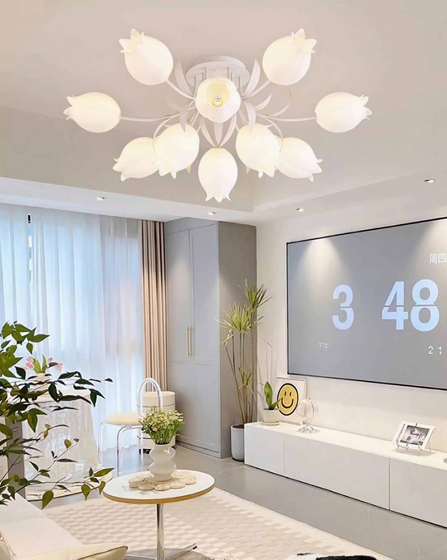 Ricko 9-head lily ceiling light in contemporary living space - multiple sculptural shades even illumination