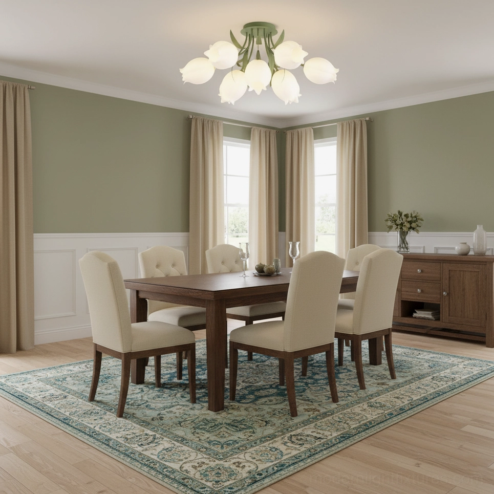 Ricko 9-head lily ceiling light in modern dining room with green accent walls and sculptural lighting display