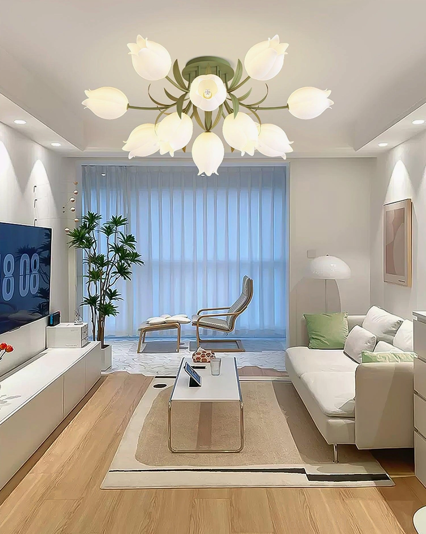 Ricko ceiling light illuminated in modern living room interior - warm ambient lighting with natural décor