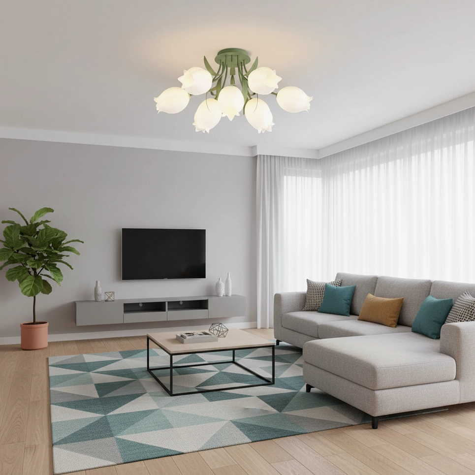 Ricko large multi-head lily ceiling light in bright minimalist modern living room - neutral décor scheme
