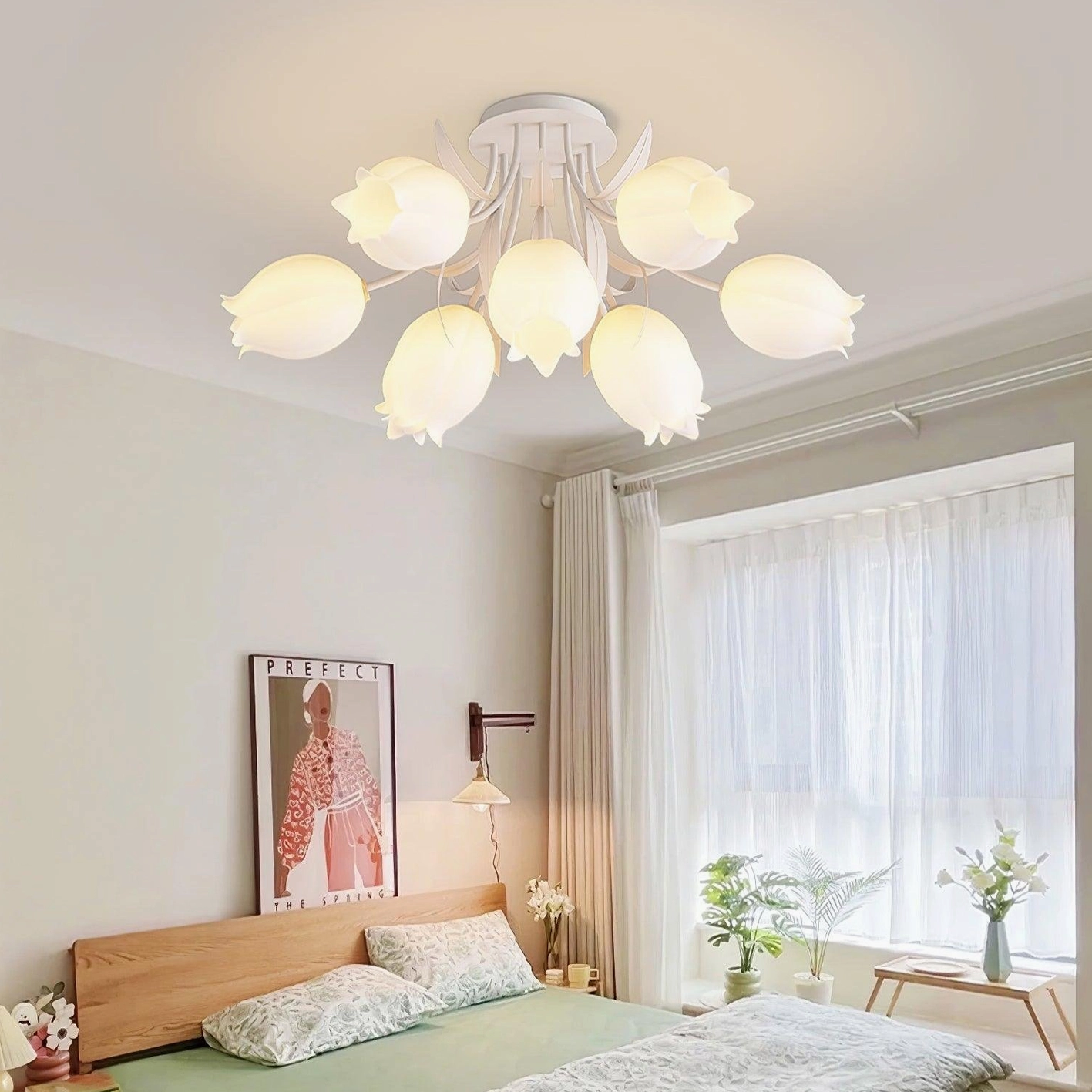 Ricko lily ceiling light sculptural design profile view - hand-cut acrylic shade silhouette and metal arms