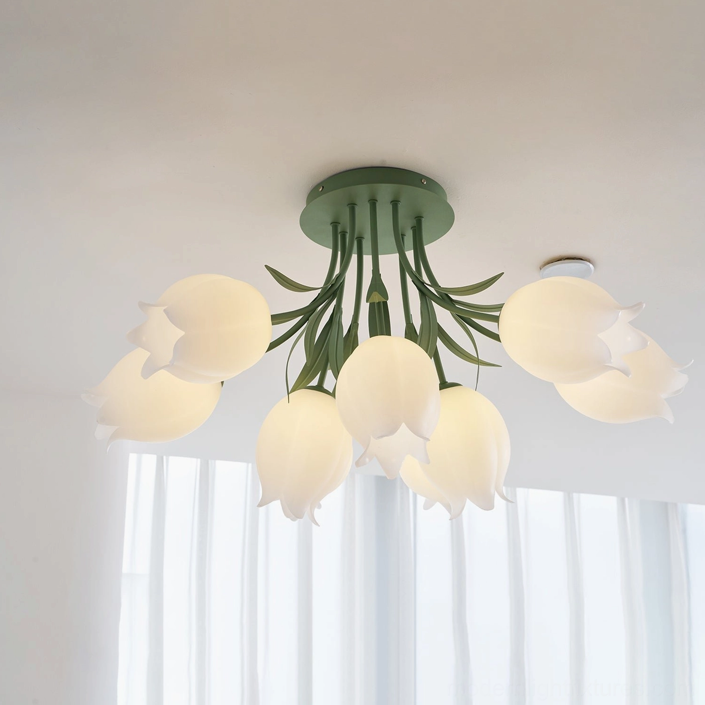 Ricko modern lily ceiling light close-up - hand-cut sculptural acrylic shade botanical design