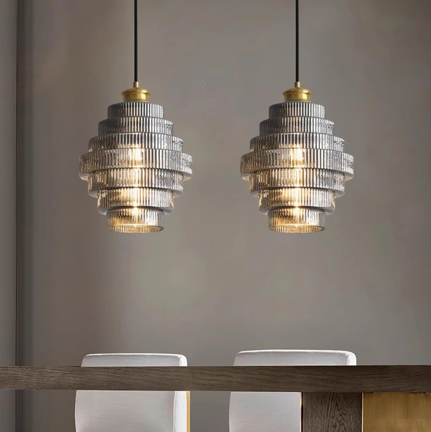 Ridged glass pendant light with brass details, designer lighting for contemporary home