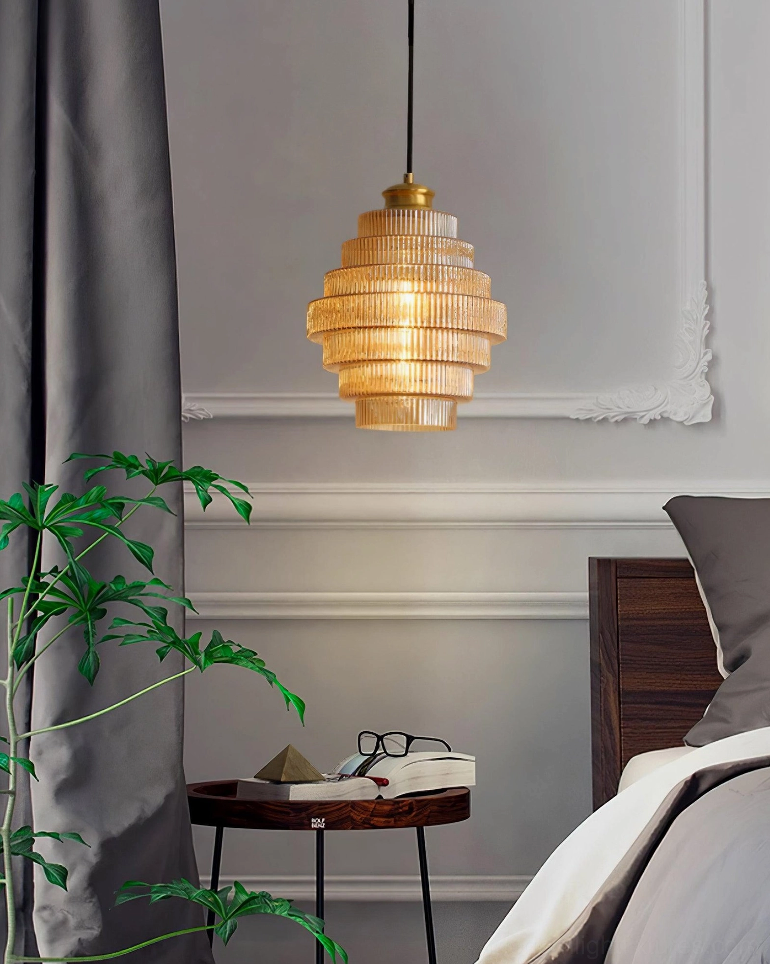 Ridged glass pendant light in contemporary living space, architectural lighting design