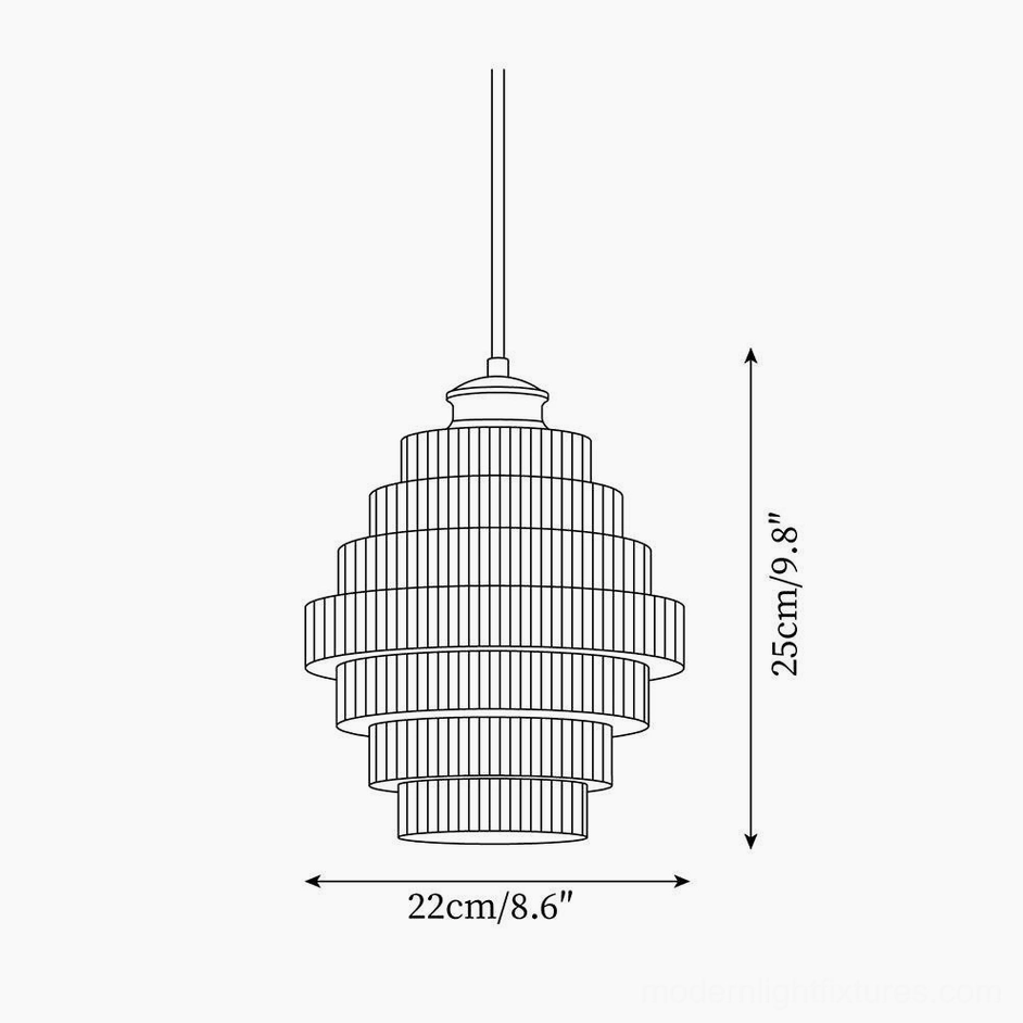Technical orthographic drawing of ridged glass pendant light, dimensions 22cm diameter by 25cm height