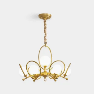 Riley 4-arm glass chandelier front view with golden metal frame and frosted glass globe shades on white background