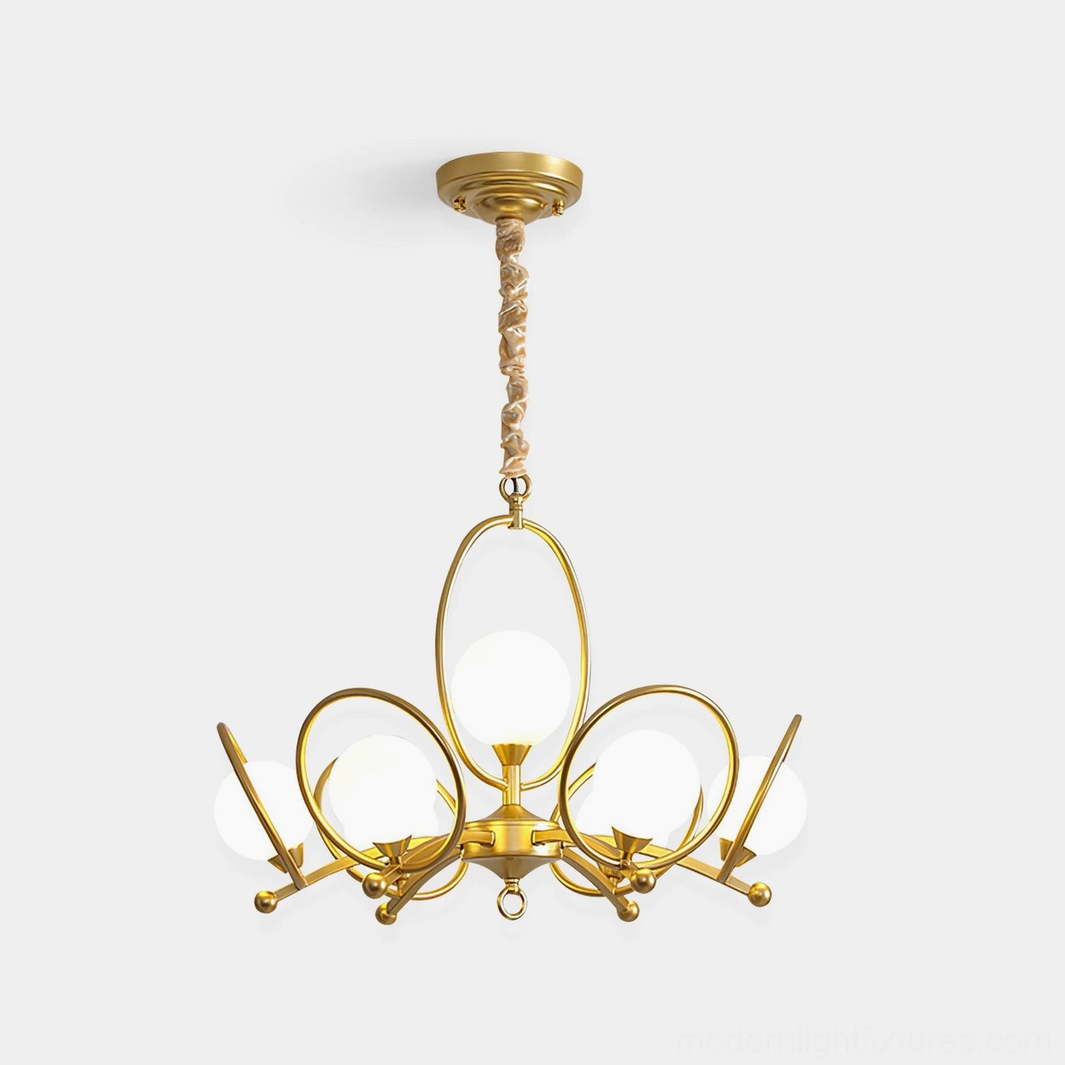 Riley 4-arm glass chandelier front view with golden metal frame and frosted glass globe shades on white background