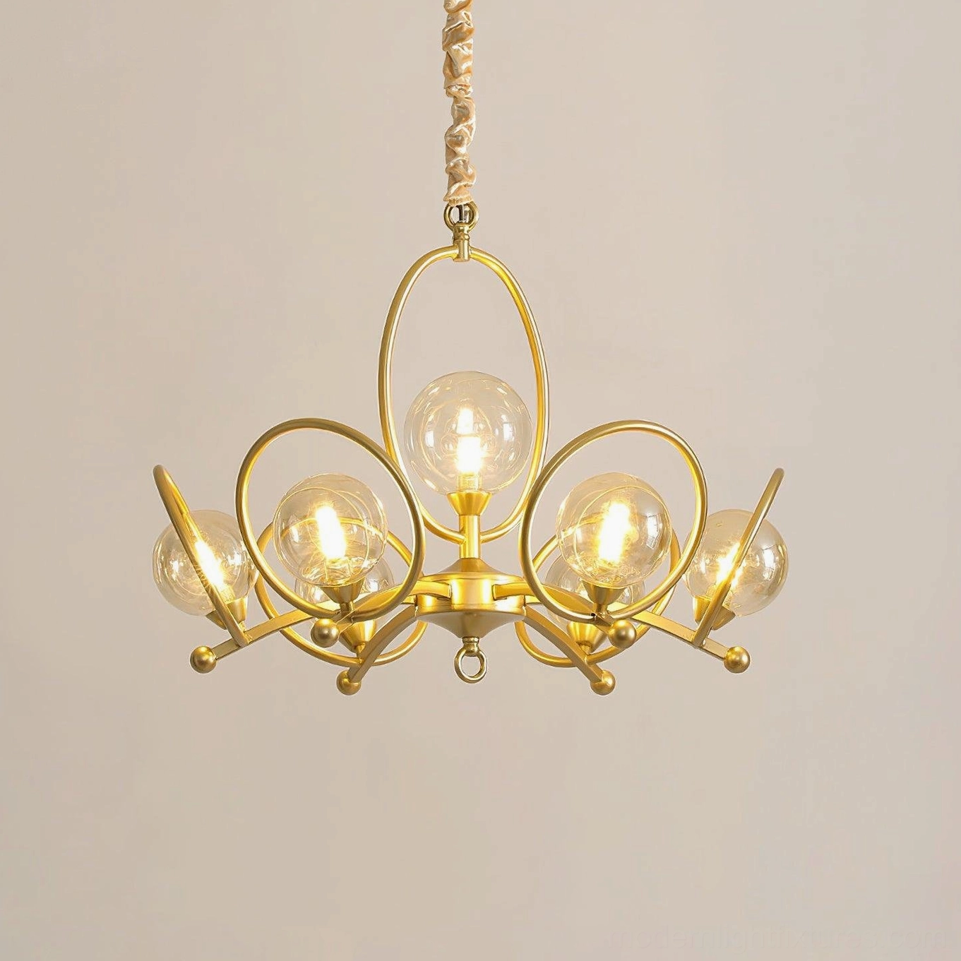 Riley modern chandelier 3D perspective showcasing curved arm geometry and glass sphere positioning