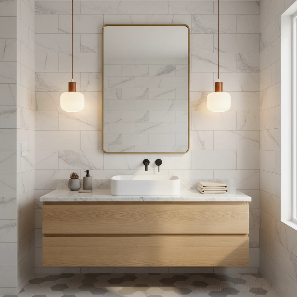 Contemporary pendant lighting fixture showing walnut wood and frosted cream glass construction