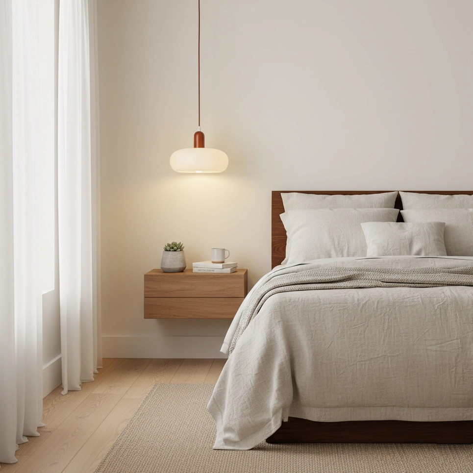 Walnut wood and frosted glass pendant lamp showcasing mid-century modern design elements