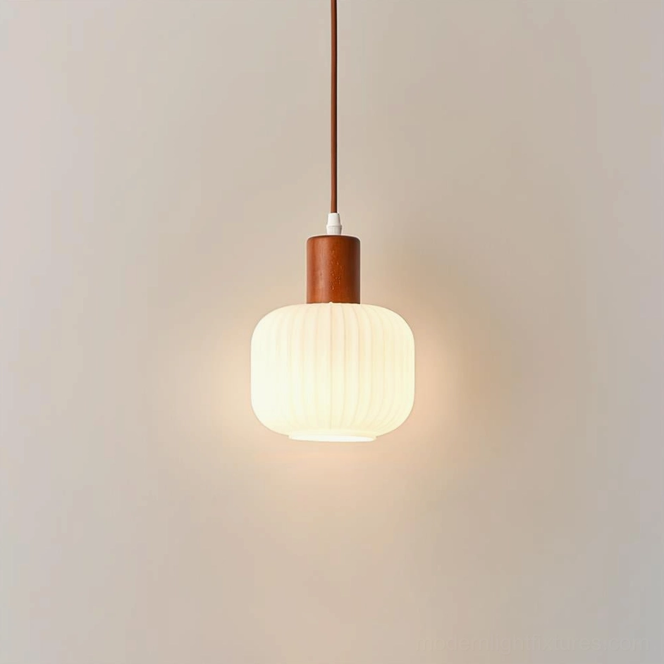 Model A 14cm Rime pendant light with walnut wood top and frosted glass, close-up product view