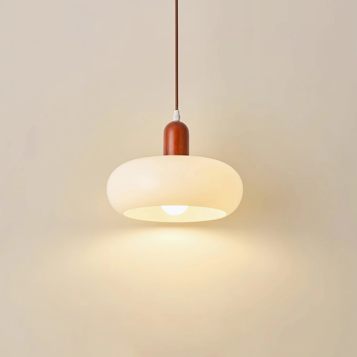 Model B 28cm Rime walnut wood pendant lamp with frosted cream glass shade, product showcase