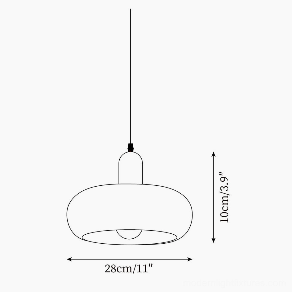 Model B technical line drawing showing flat round pendant lamp specifications 10cm height and 28cm diameter