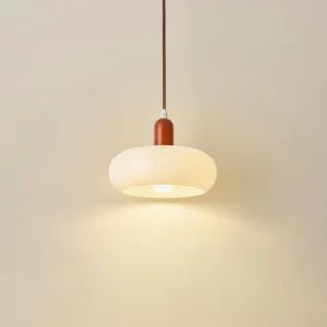 Modern pendant light with cream frosted glass shade and wooden top cap, direct front shot with warm ambient lighting
